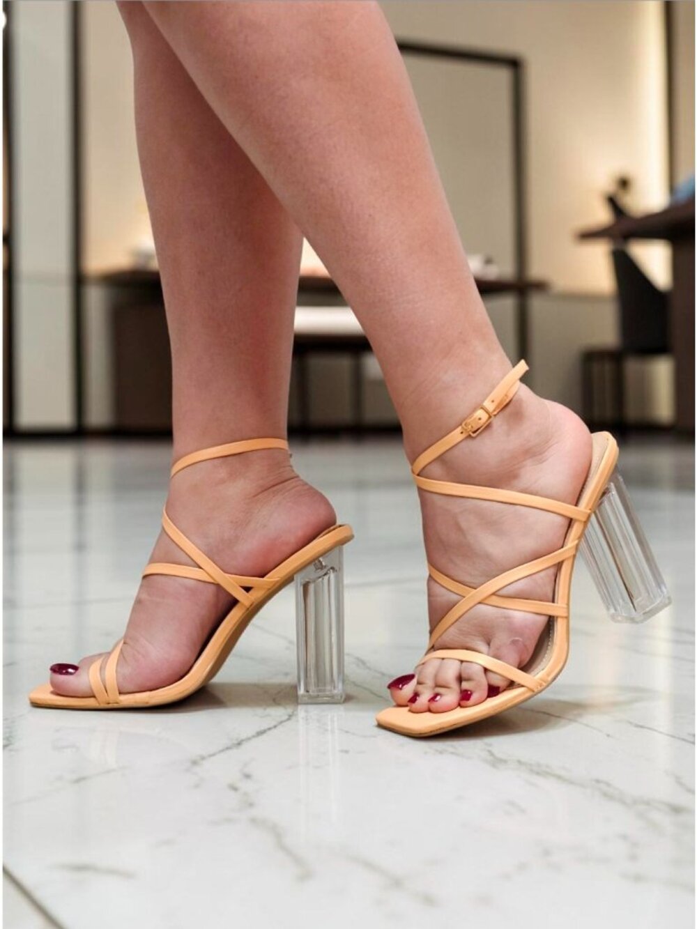 Peach Strappy Heeled Sandals With Clear Block Heel - Womens Trendy Open-Toe Desi